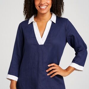 Isaac Mizrahi Linen Blouse Blue White 3/4 Sleeve Nautical Minimalist Women's XL